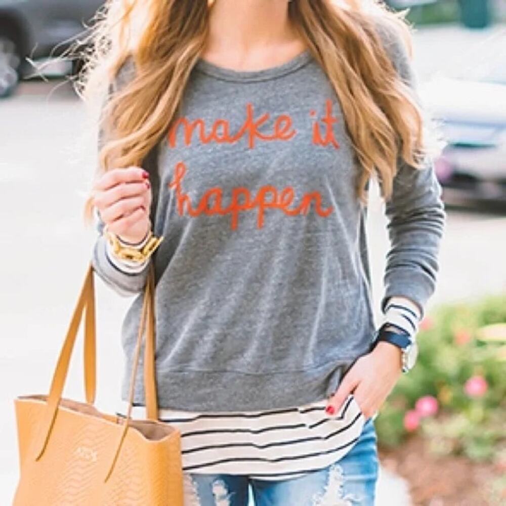 Sundry Make It Happen Embroidered Graphic Long Sleeve Tee Gray Size 3 Large